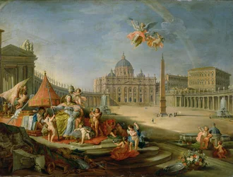 Place Saint-Pierre, Rome, avec une allégorie du triomphe de la papauté, 1757